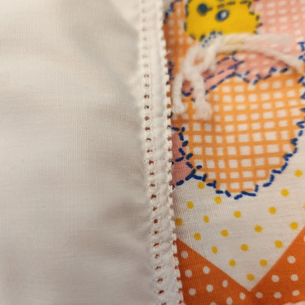 Vtg 70s Handmade Tied Baby Crib Quilt Animals & Polka Dots Orange Mod Nursery